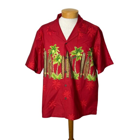 Vintage mens Hawaiian shirt red with surf boards by Hawaiian Reserve Collection - Picture 1 of 6